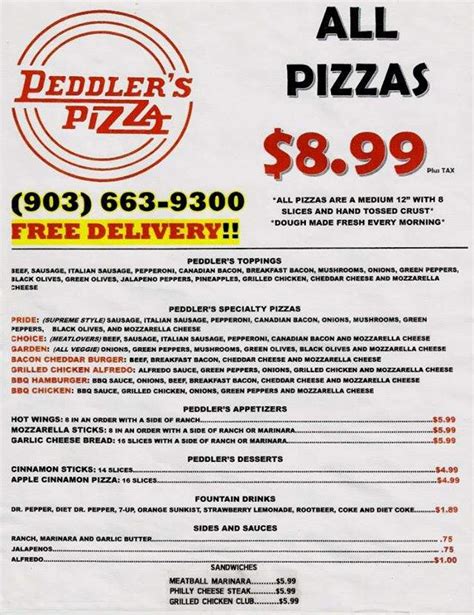 Peddlers pizza - Reviews for Peddler's Pizza. 4 ratings. Sort by: Most recent. D. Delicia. Jul 01, 2021. 1 review. Driver was great! Restaurant was less than desireable. Delicia ordered: 